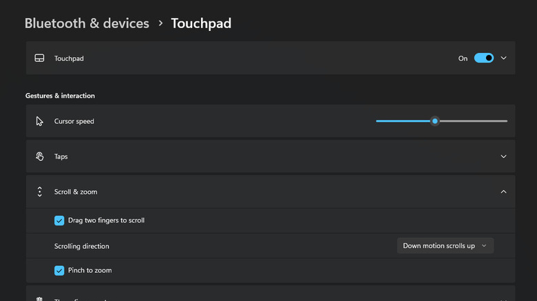 A screenshot of Windows 11's Touchpad settings showing the Scroll & zoom sub-menu. There are blue checked boxes beside the pinch to zoom and drag two fingers to scroll options