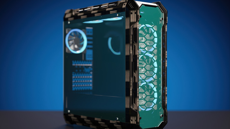 A custom desktop PC case with smoked tempered-glass side panels and a rugged black frame against a blue gradient background.