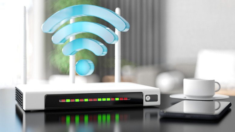A router with a Wi-Fi icon hovering on top
