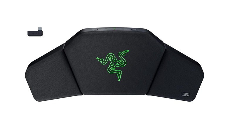 A gaming speaker pillow with a green Razer logo and THX branding on the front grille.