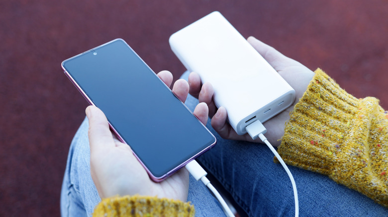 person holding smartphone connected to a power bank