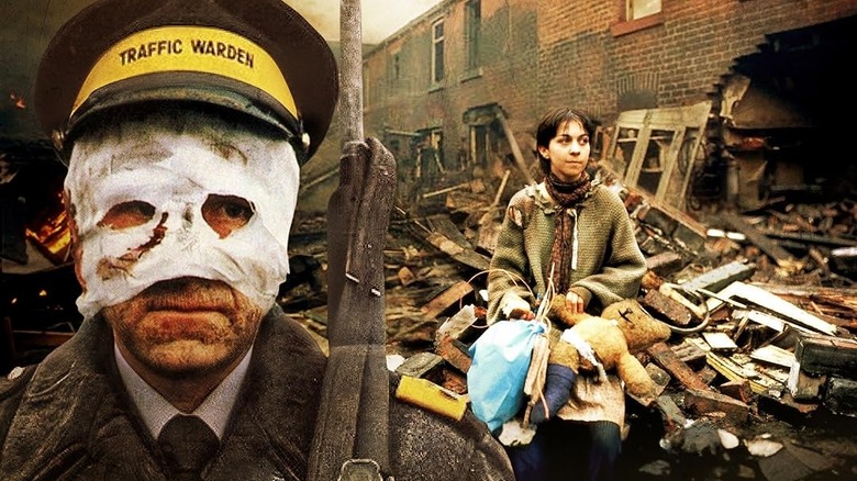 Traffic Warden with bandaged face and woman in rubble in Threads.