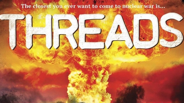 Screenshot of the title card from the movie Threads, with mushroom cloud in the background