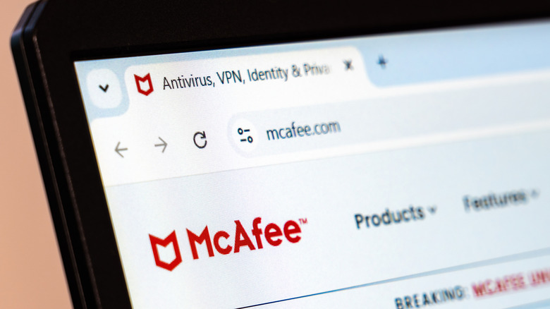 McAfee homepage on a browser