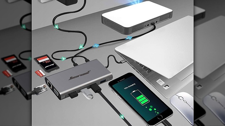 Hiearcool dock connected to USB, laptop, smartphone, and other devices on the desk.