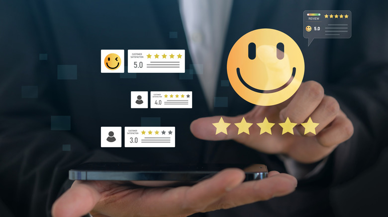 Holographic images of happy emojis and customer rating boxes.