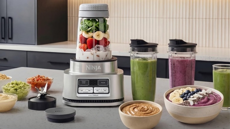The Ninja Foodi Power Nutri DUO blender in the kitchen, blending smoothies.