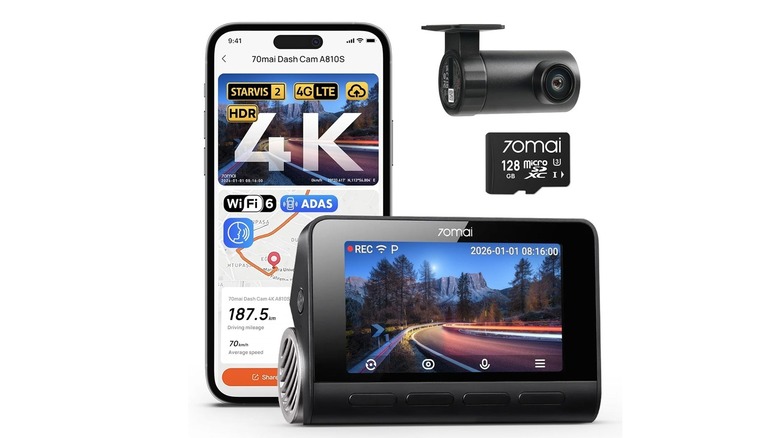 The 70mai A810S dash cam with its rear camera, free microSD card, and app.