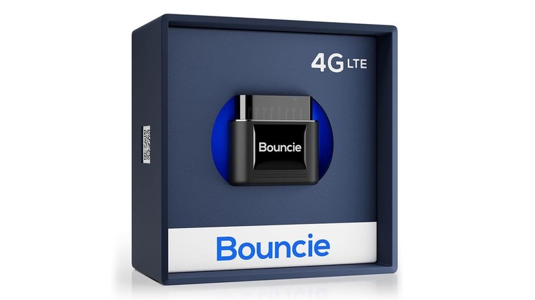 The Bouncie GPS vehicle tracker in its box, on a white background.