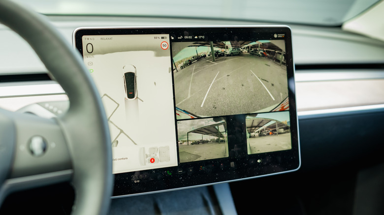 The Tesla Model Y's camera views displayed on the infotainment screen