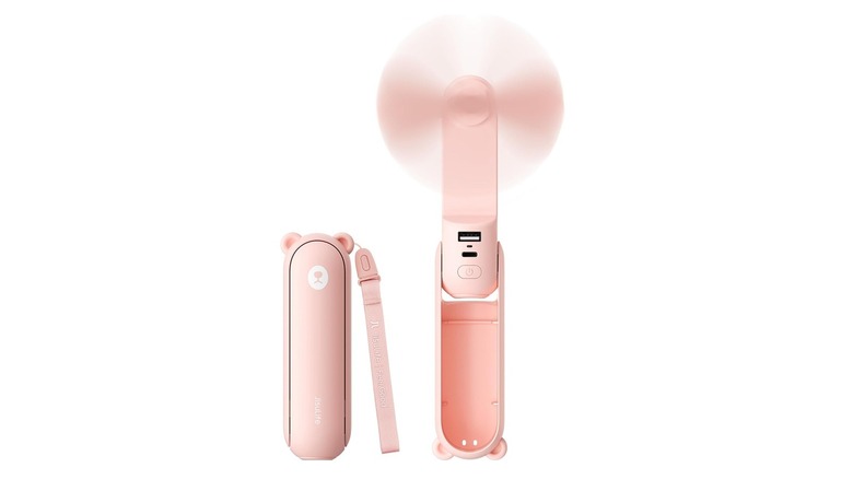 The JisuLife Life8 handheld fan, folded and in use, on a white background.