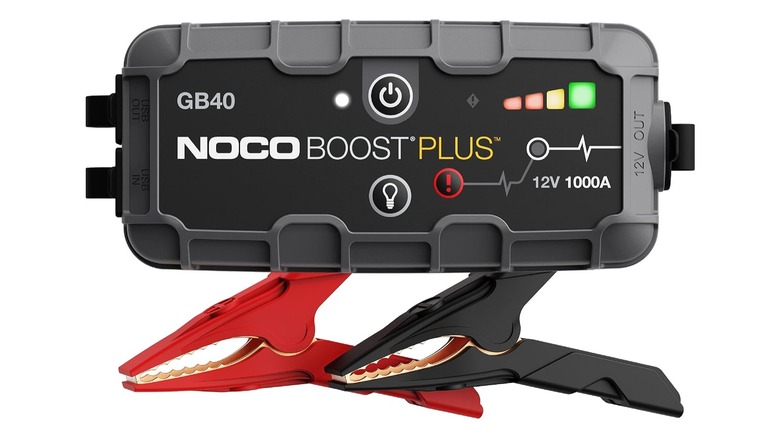 A NOCO Boost GB40 jumpstarter isolated on a white background.