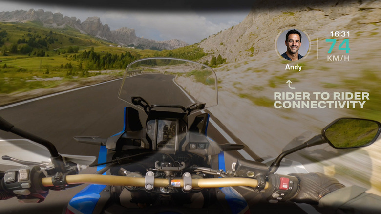 A visualization of a motorcycle helmet HUD showing the current speed and an incoming call with the caller's face.