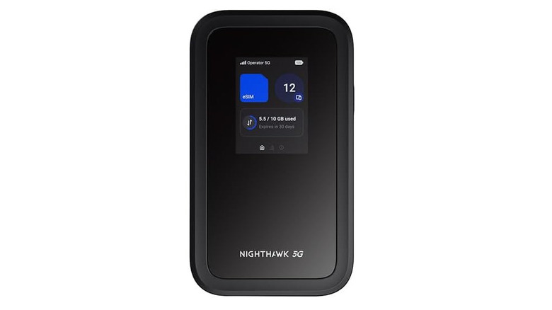 Netgear Nighthawk 5G mobile hotspot with display showing battery, data plan usage, and current settings