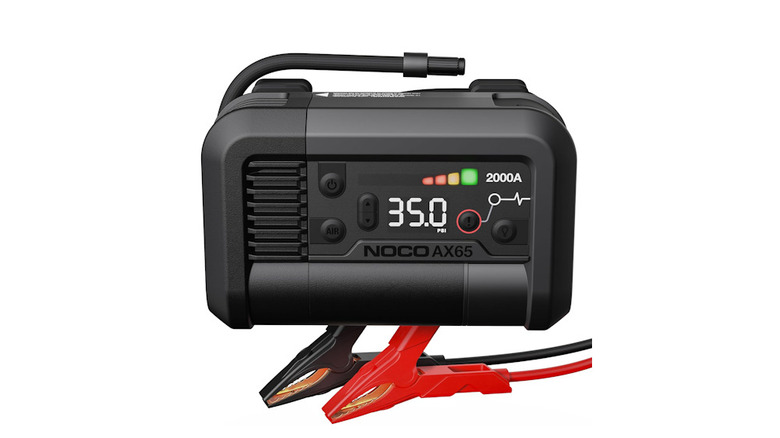 Noco Boost Air AX65 with PSI rating and battery charge active on front with air inflater and jumper cables out