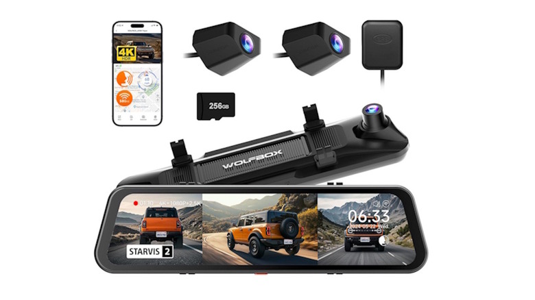 Wolfbox G900 TriPro with all cameras, rearview mirror camera, and the application