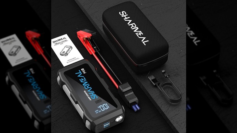 Car jump starter device with cable and case