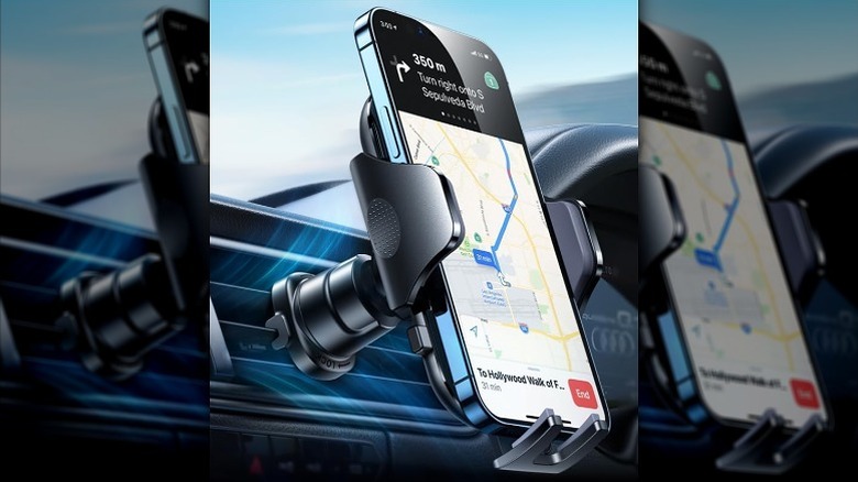 Smartphone mounted on a phone mount