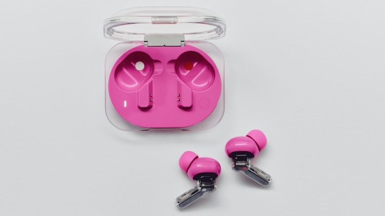 A product render of the Nothing Ear (3a) wireless earbuds in Pink.