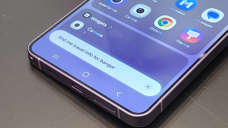 The Finder field on a Samsung Galaxy S26 Ultra, with the user having searched for travel info for Bangor