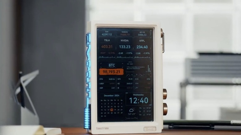 A Divoom Times Frame on a desk displaying a Bitcoin and stock price dashboard.