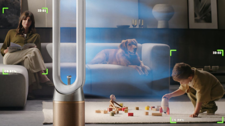 Visualization of the person tracking feature of the Dyson Find+Follow Purifier Cool Fan; a woman sitting on a sofa next to a dog, while a boy plays with building blocks on the floor.