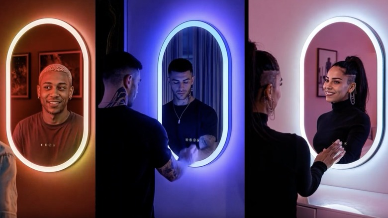 Three side-by-side scenes of the LIFX smart mirror in use, with orange, blue, and pink lighting