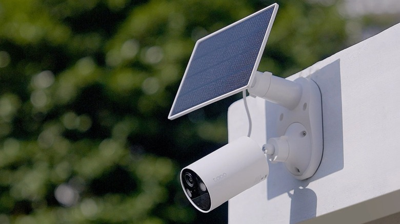 A camera of the TP-Link Tapo TC82 solar-powered security camera kit, installed outdoors.