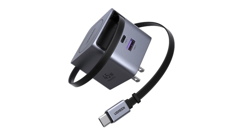 The Ugreen 45W Nexode Pro USB-C charger with its built-in cable extended, on a white background.