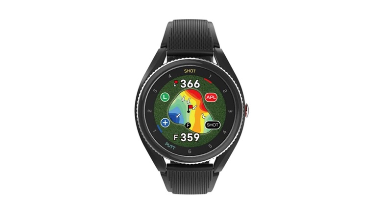 The Voice Caddie T9 golf watch showing golf course information, on a white background.