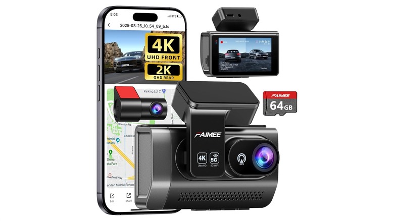 Faimee dash cam along with its back channel and the app shown on a smartphone