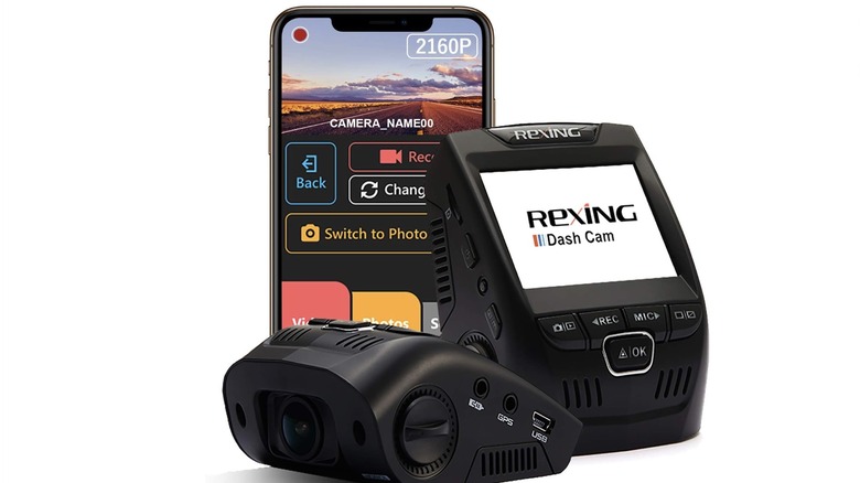 Rexing V1 from different angles along with its app displaying the live feed