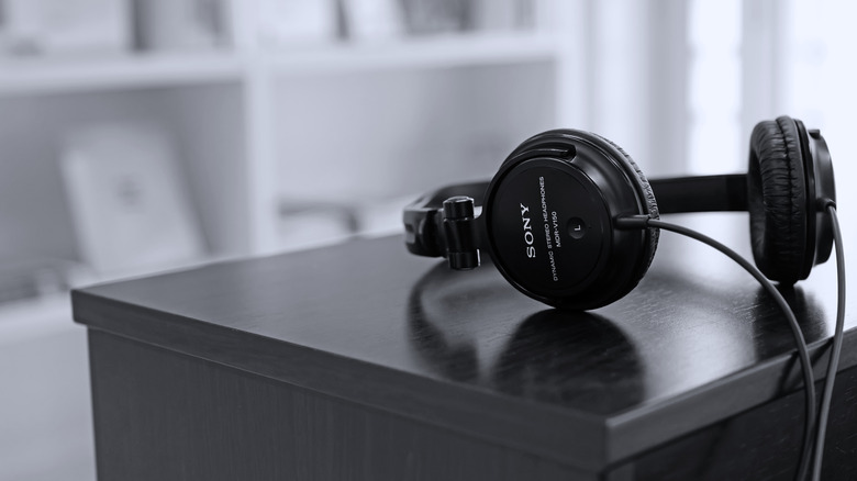 Sony wired headphones on a desk
