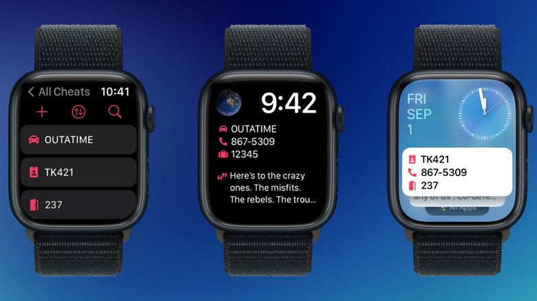 Cheatsheet app for Apple Watch showing a screen for managing all micro notes, along with watch face complications and widgets.