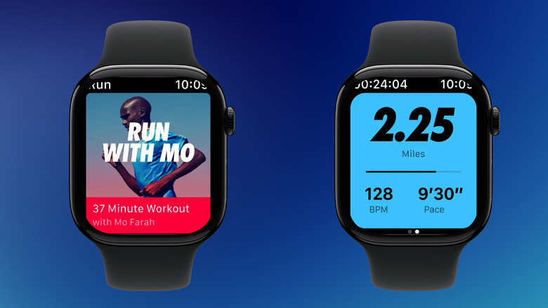 Nike Run Club app running on the Apple Watch showing workout tracking screen and a guided run.