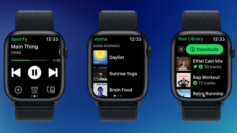 Spotify app showing music screen, downloaded music for offline use, and playlist recommendations.