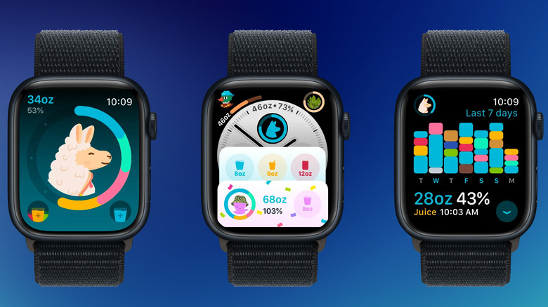 Waterllama app showing water progress of the day along with stats and widgets.
