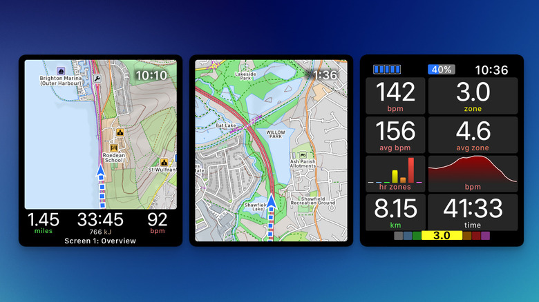 WorkOutDoors app showing a big maps screen, and custom detailed view for workout stats.