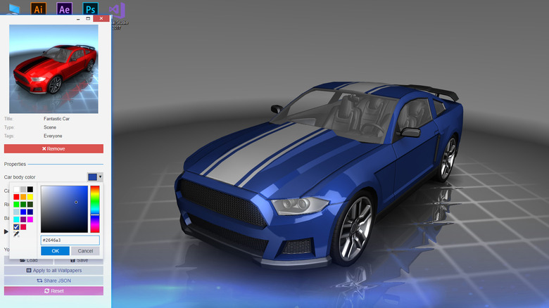 Screenshot of a wallpaper from Wallpaper Engine showing a 3D car alongside options to customize it