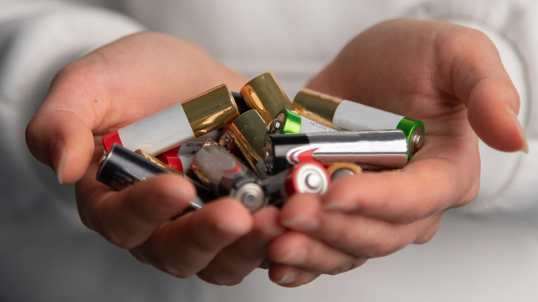 A person holds numerous disposable batteries in their hands.