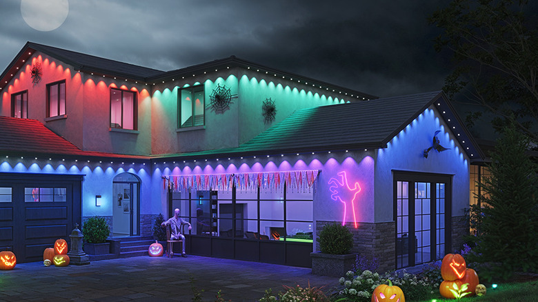 The Govee Permanent Outdoor Lights 2 smart lights installed on a home's exterior, used for Halloween.