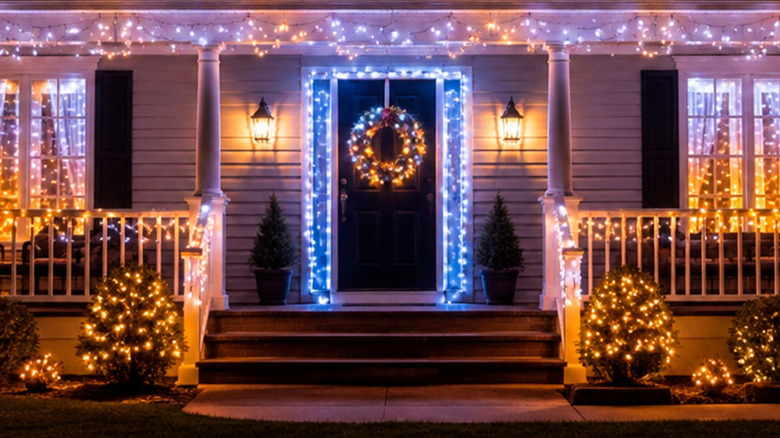 A house with light decorations on the front door and porch.