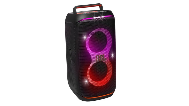The JBL PartyBox Club 120 portable speaker with its RGB lights activated, on a white background.