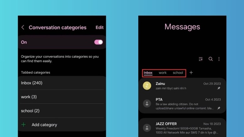 A pair of screenshots of the Samsung Messages app showing how to enable conversation categories and pinned categories in the app.