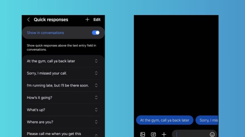 A pair of screenshots of the Samsung Messages app showing quick responses and how to set them up.