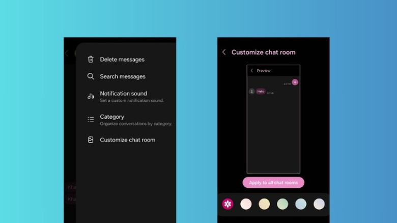 A pair of screenshots of the Samsung Messages app displaying the chat customization options.