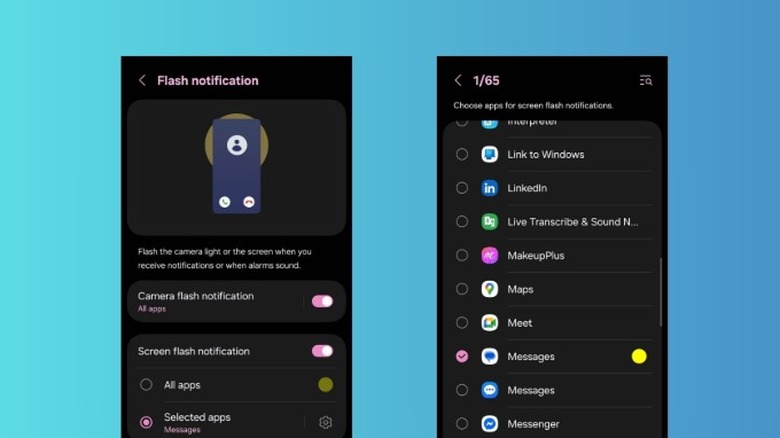 A pair of screenshots of the Samsung Settings app showing how to enable Flash notifications on a Samsung phone.