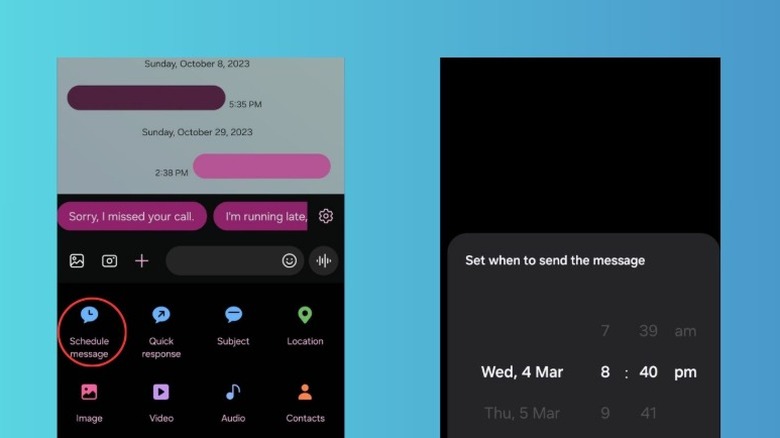 A pair of screenshots of the Samsung messages app showing how to schedule messages on a Samsung phone.