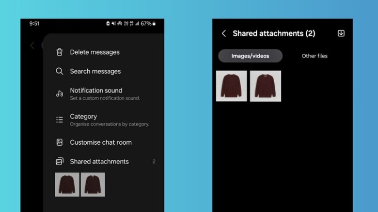 A pair of screenshots of the Samsung Messages app showing the Shared attachments menu.