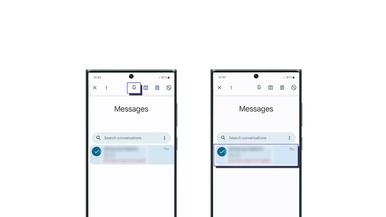 A pair of screenshot renders of the Samsung messages app showing the pin icon and how to pin conversations.